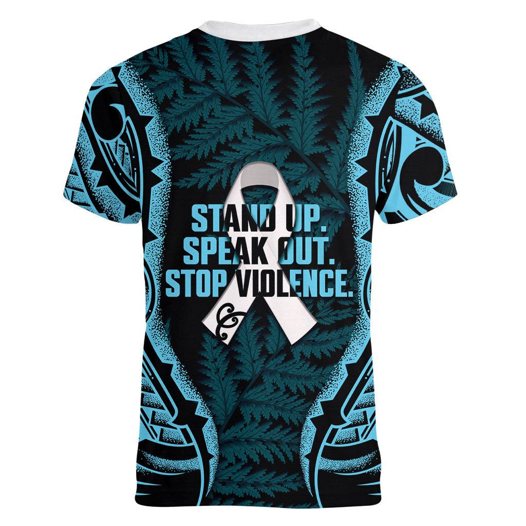 White Ribbon Day New Zealand Women V-Neck T-Shirt Respect Women Maori Pattern Blue
