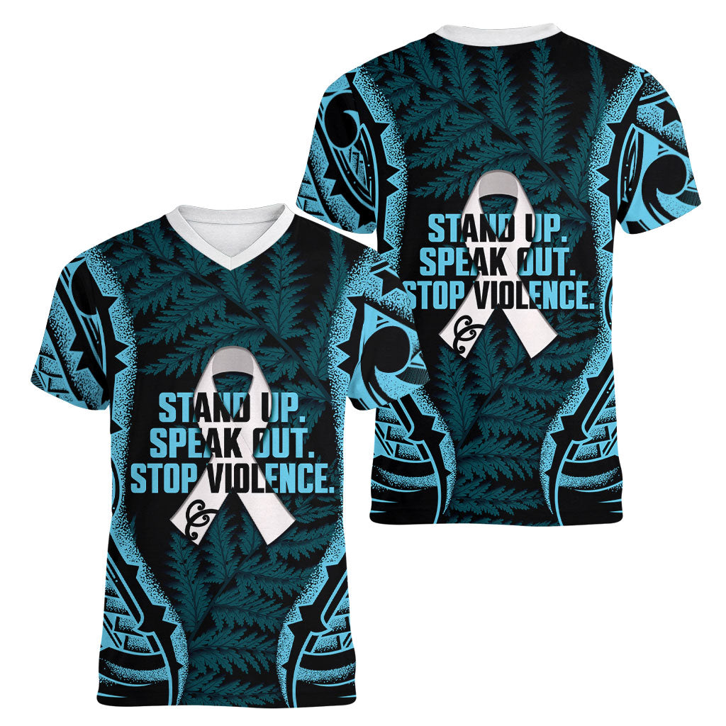 White Ribbon Day New Zealand Women V-Neck T-Shirt Respect Women Maori Pattern Blue