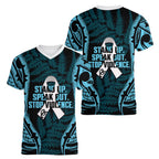 White Ribbon Day New Zealand Women V-Neck T-Shirt Respect Women Maori Pattern Blue