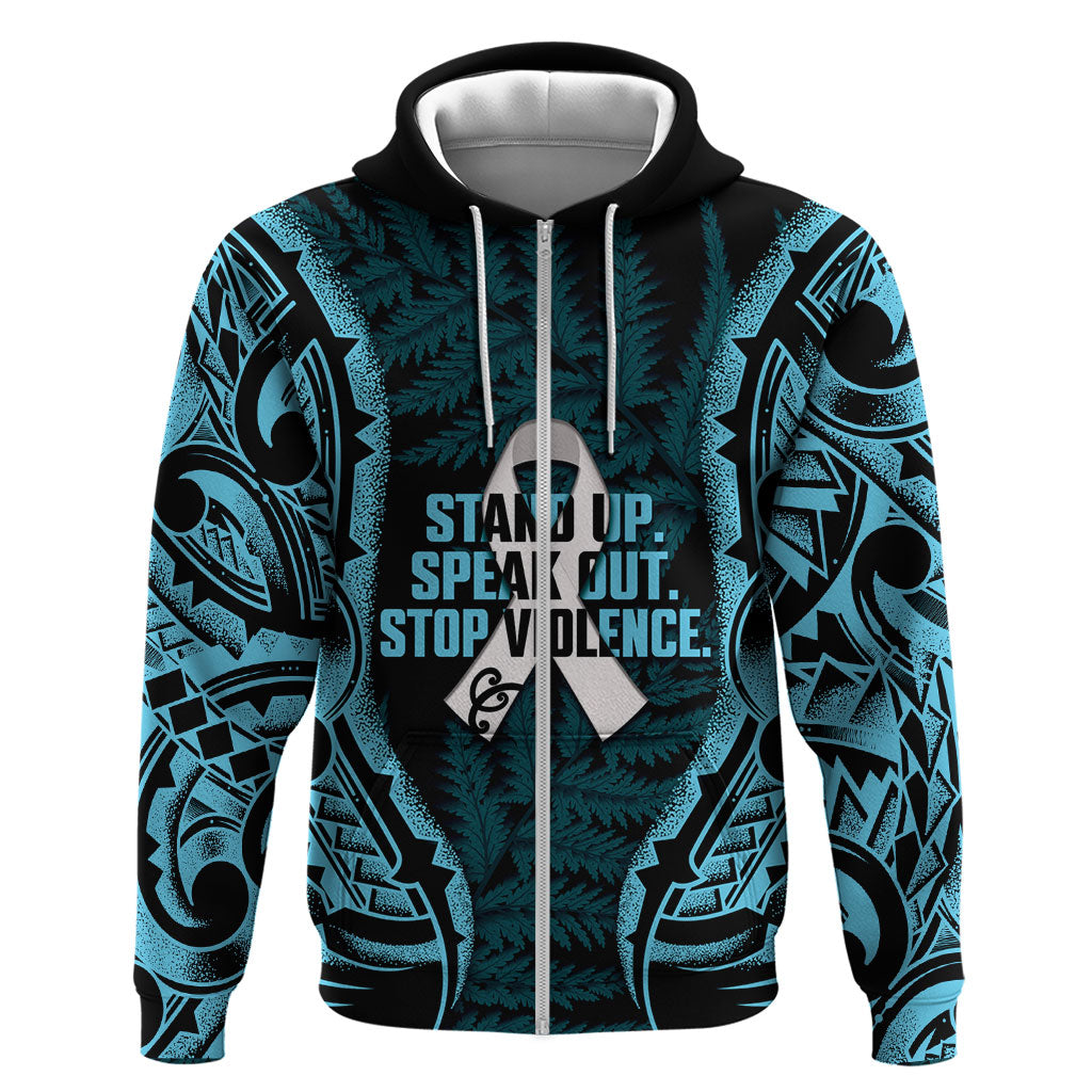 White Ribbon Day New Zealand Zip Hoodie Respect Women Maori Pattern Blue