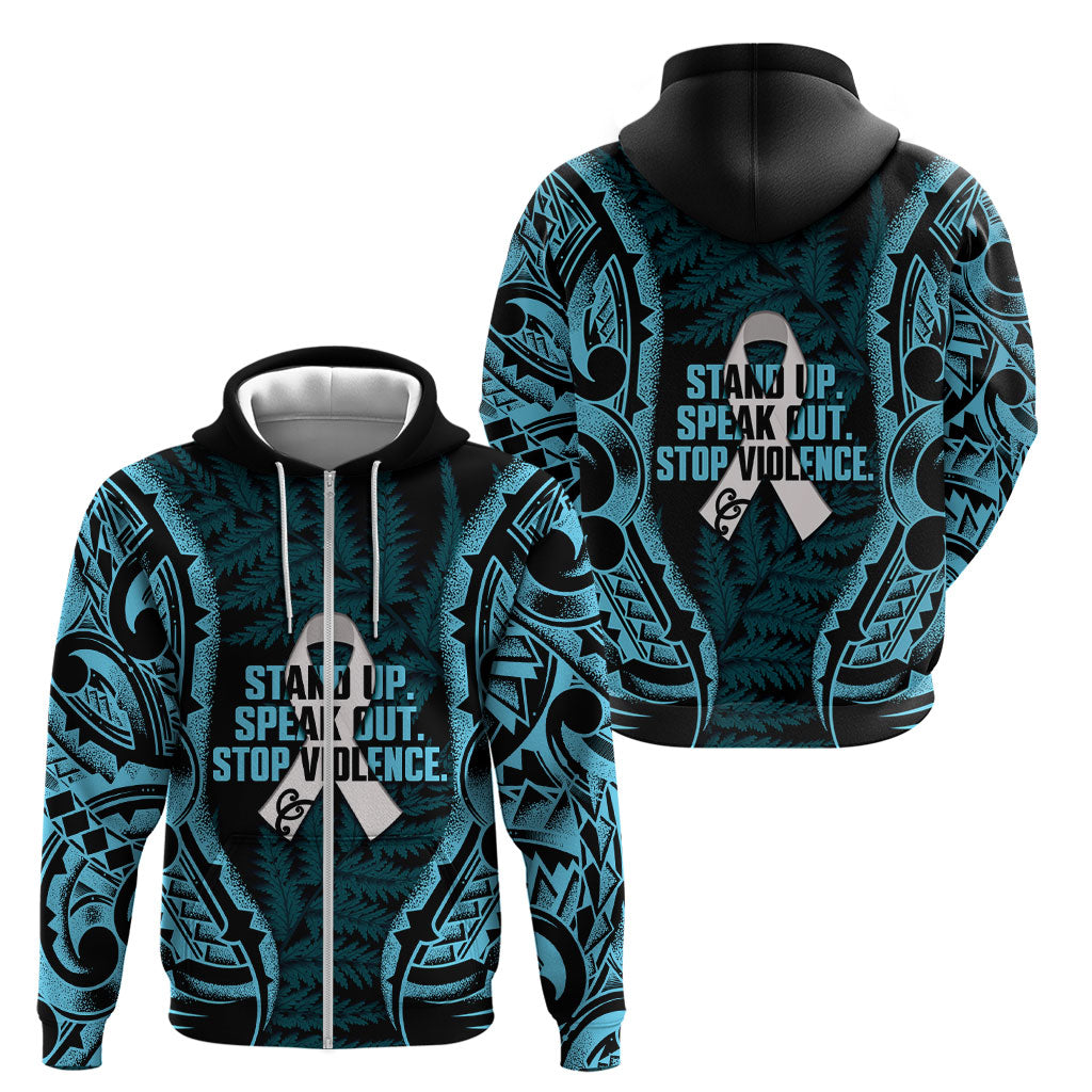 White Ribbon Day New Zealand Zip Hoodie Respect Women Maori Pattern Blue