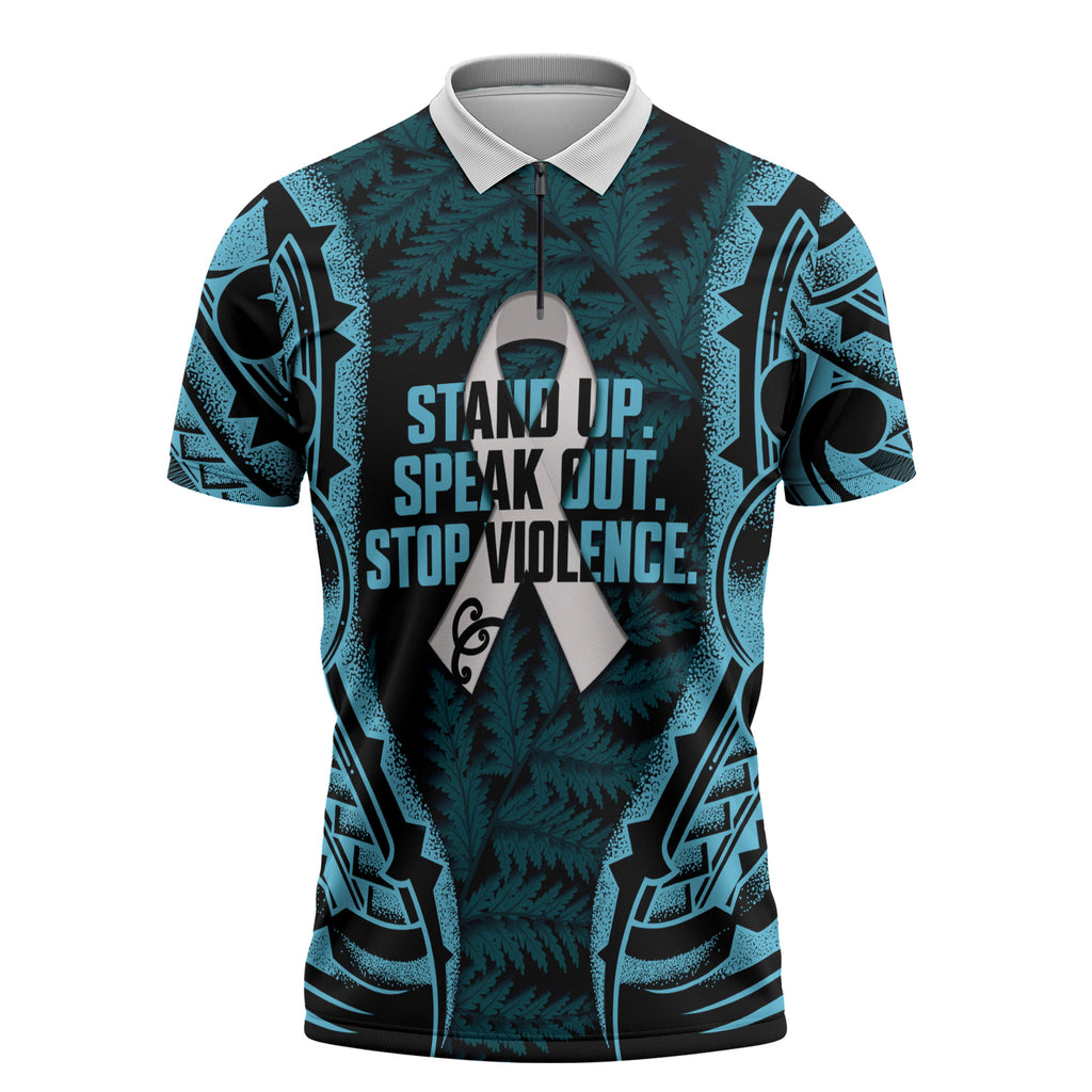 White Ribbon Day New Zealand Zipper Polo Shirt Respect Women Maori Pattern Blue