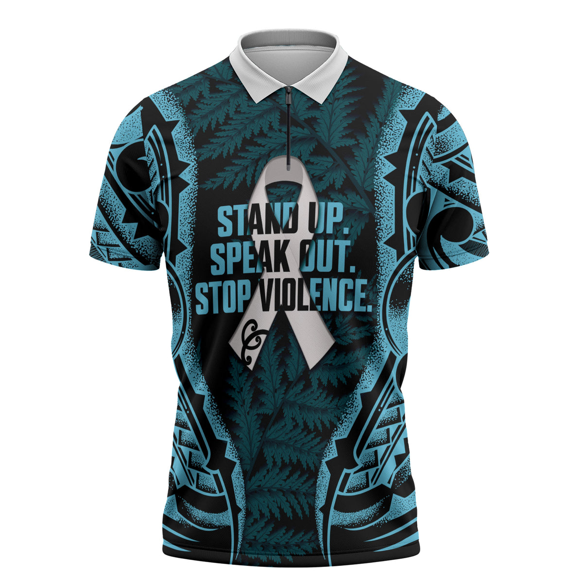 White Ribbon Day New Zealand Zipper Polo Shirt Respect Women Maori Pattern Blue