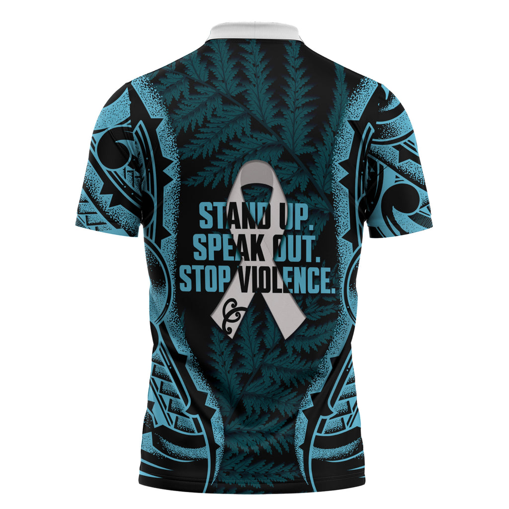 White Ribbon Day New Zealand Zipper Polo Shirt Respect Women Maori Pattern Blue