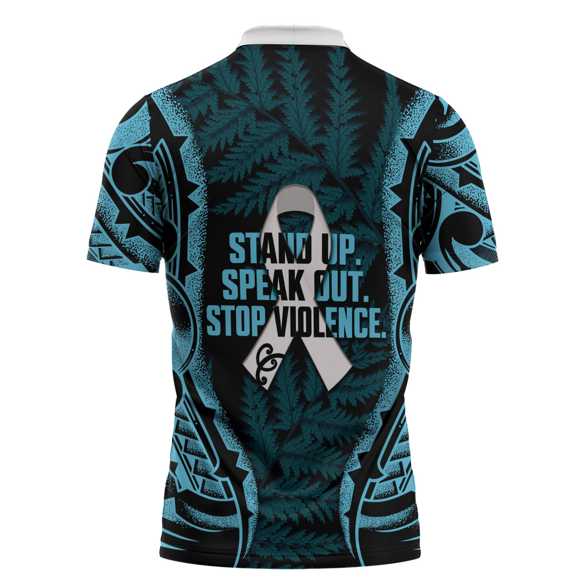 White Ribbon Day New Zealand Zipper Polo Shirt Respect Women Maori Pattern Blue