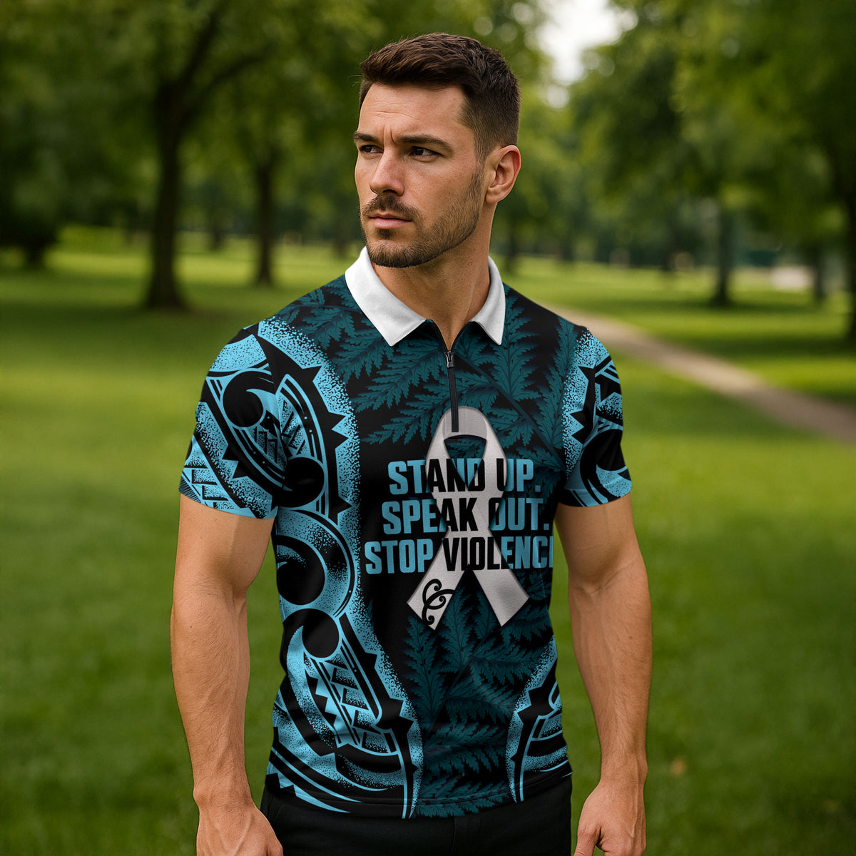 White Ribbon Day New Zealand Zipper Polo Shirt Respect Women Maori Pattern Blue