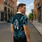 White Ribbon Day New Zealand Zipper Polo Shirt Respect Women Maori Pattern Blue