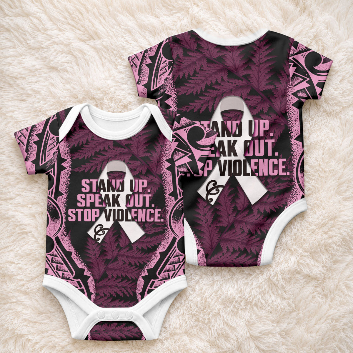 White Ribbon Day New Zealand Baby Onesie Respect Women Maori Pattern Pink