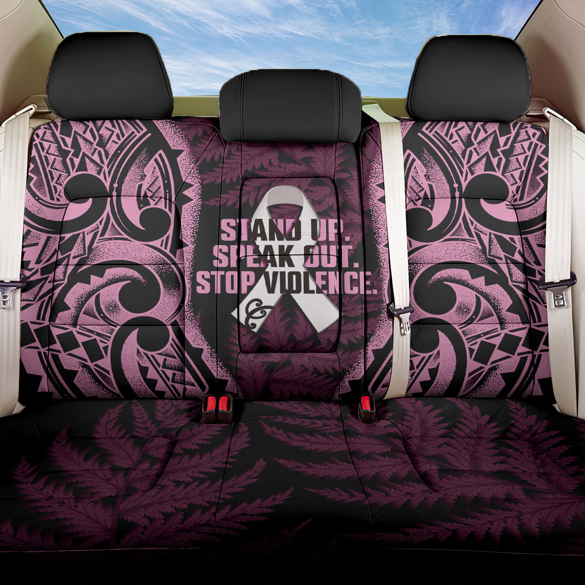 White Ribbon Day New Zealand Back Car Seat Cover Respect Women Maori Pattern Pink