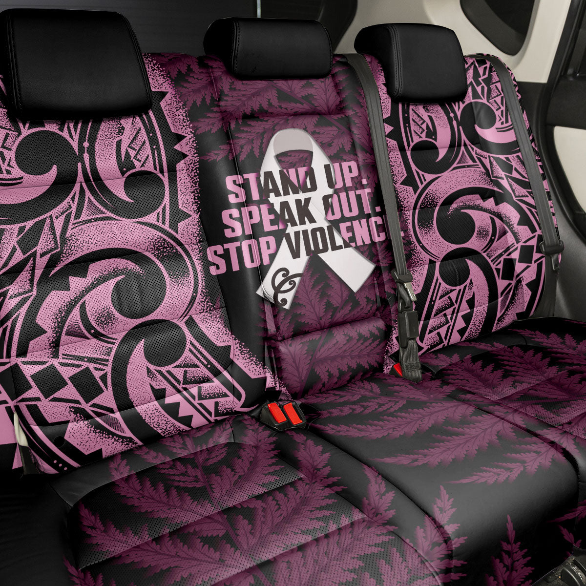 White Ribbon Day New Zealand Back Car Seat Cover Respect Women Maori Pattern Pink