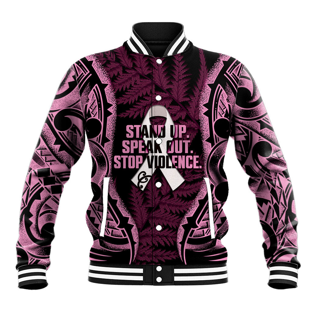 White Ribbon Day New Zealand Baseball Jacket Respect Women Maori Pattern Pink