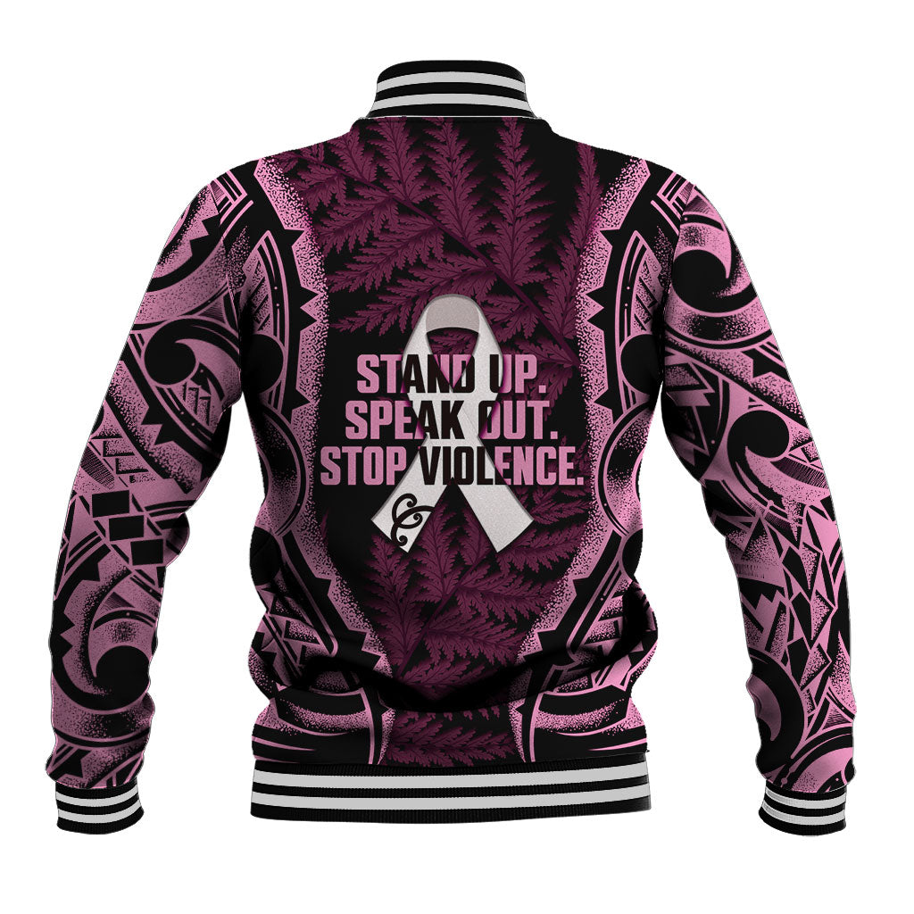 White Ribbon Day New Zealand Baseball Jacket Respect Women Maori Pattern Pink