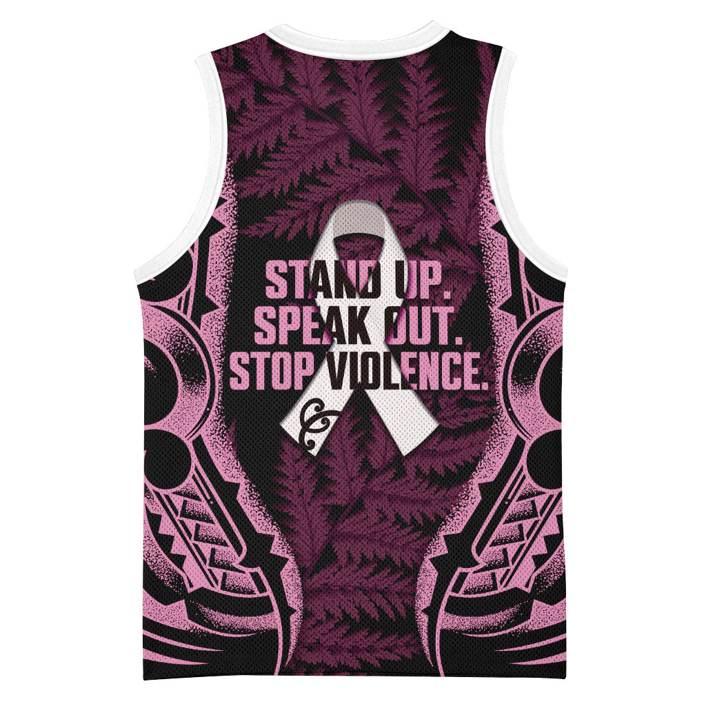 White Ribbon Day New Zealand Basketball Jersey Respect Women Maori Pattern Pink