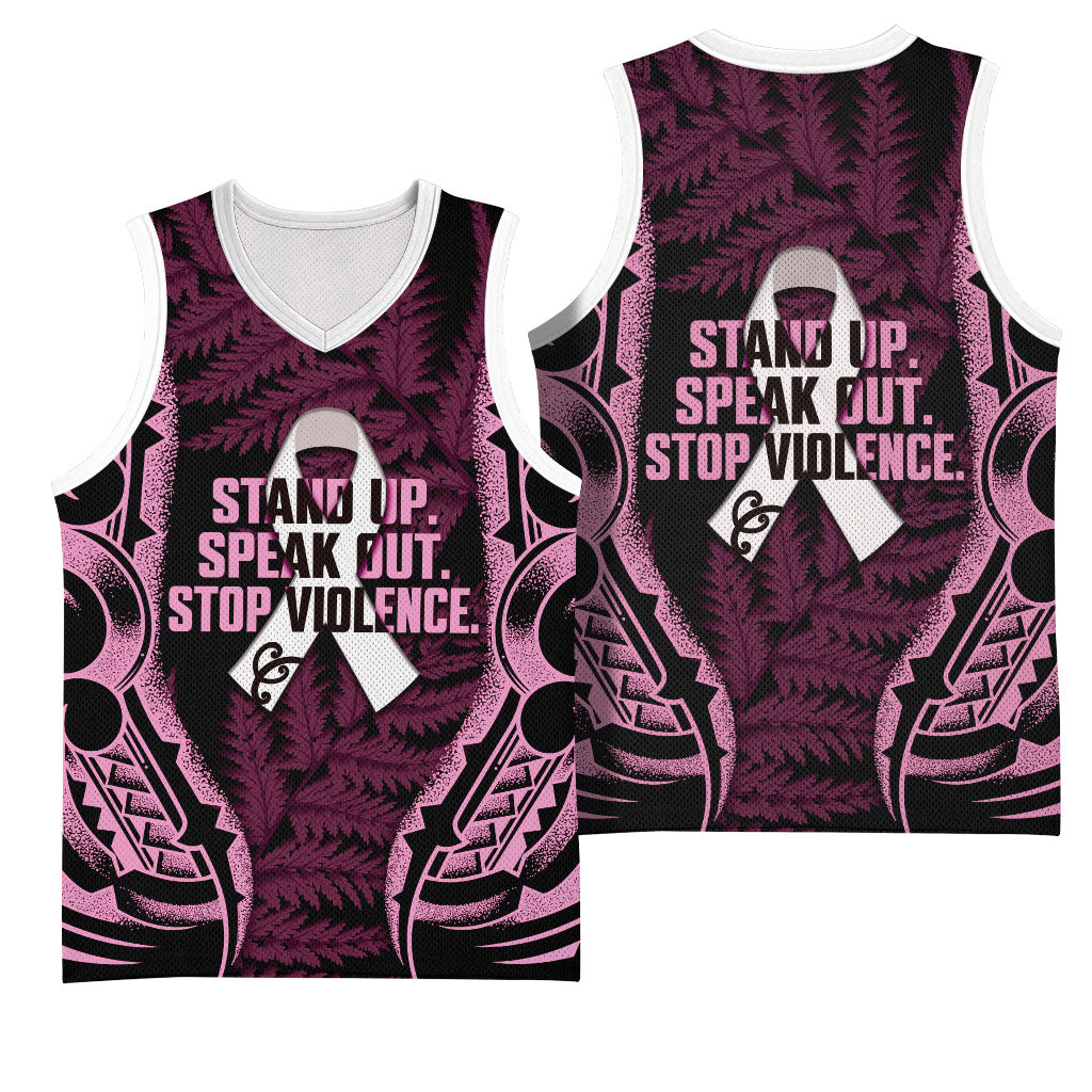 White Ribbon Day New Zealand Basketball Jersey Respect Women Maori Pattern Pink