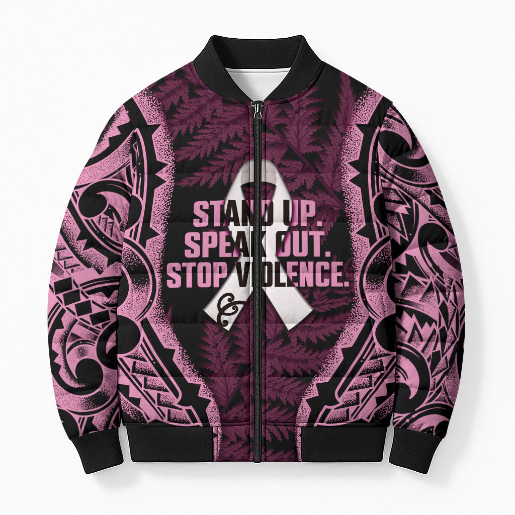 White Ribbon Day New Zealand Bomber Puffer Jacket Respect Women Maori Pattern Pink