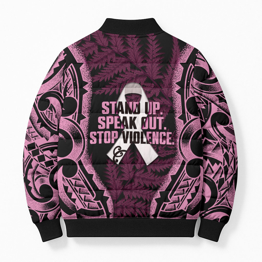 White Ribbon Day New Zealand Bomber Puffer Jacket Respect Women Maori Pattern Pink