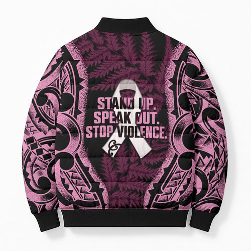 White Ribbon Day New Zealand Bomber Puffer Jacket Respect Women Maori Pattern Pink