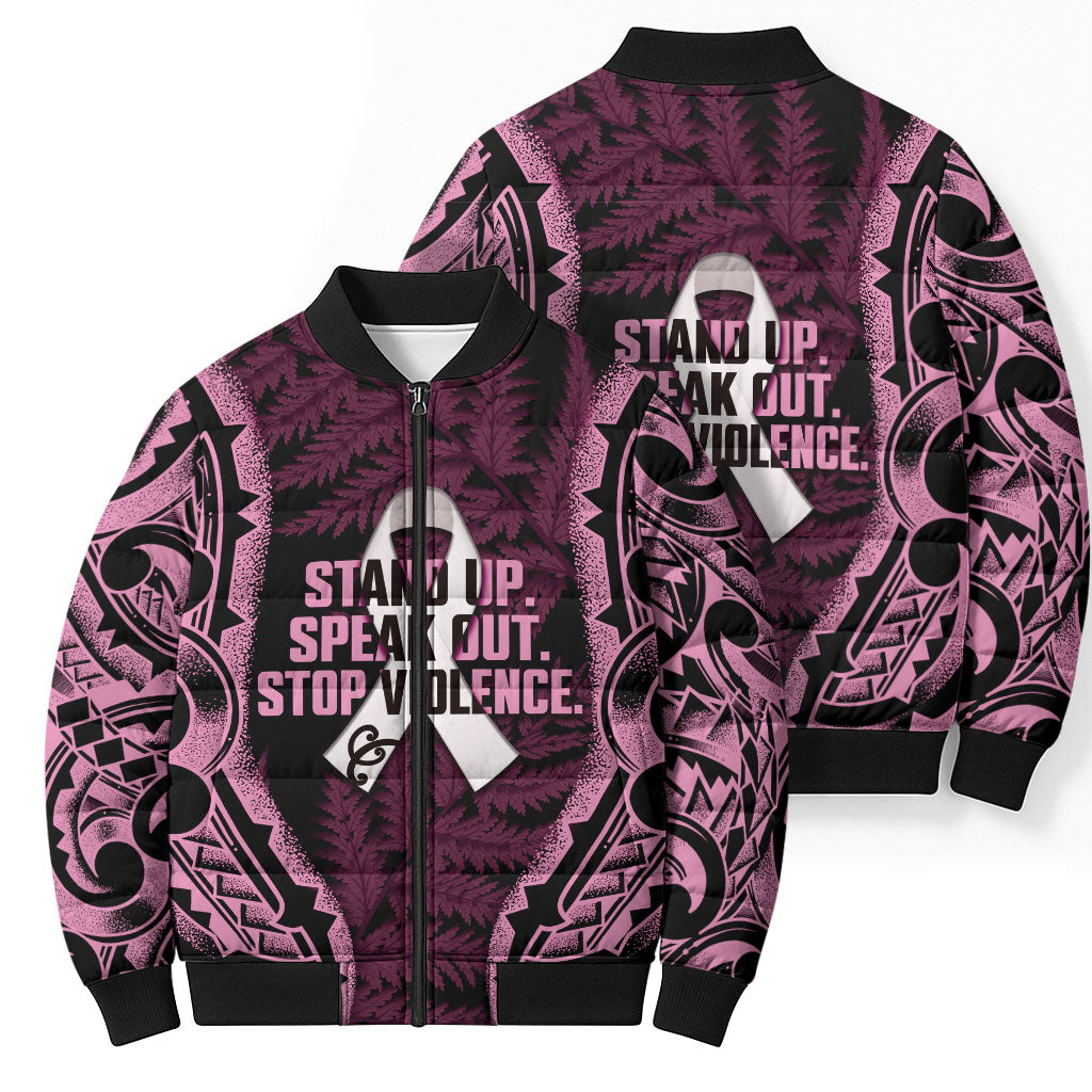 White Ribbon Day New Zealand Bomber Puffer Jacket Respect Women Maori Pattern Pink