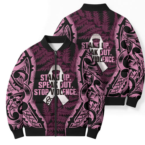 White Ribbon Day New Zealand Bomber Puffer Jacket Respect Women Maori Pattern Pink