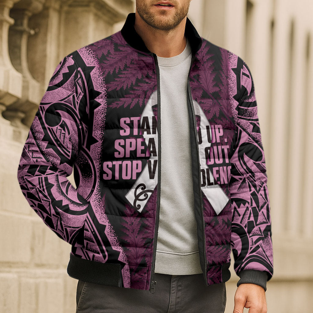 White Ribbon Day New Zealand Bomber Puffer Jacket Respect Women Maori Pattern Pink