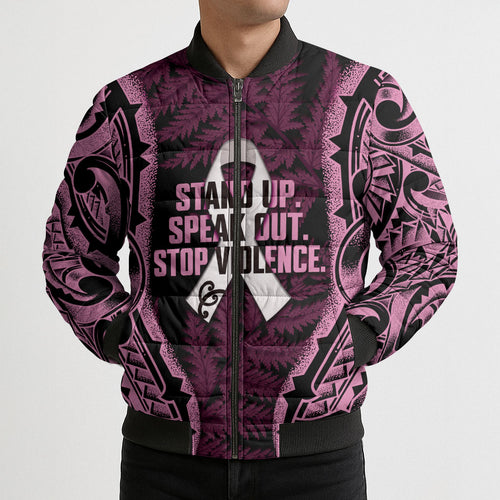 White Ribbon Day New Zealand Bomber Puffer Jacket Respect Women Maori Pattern Pink