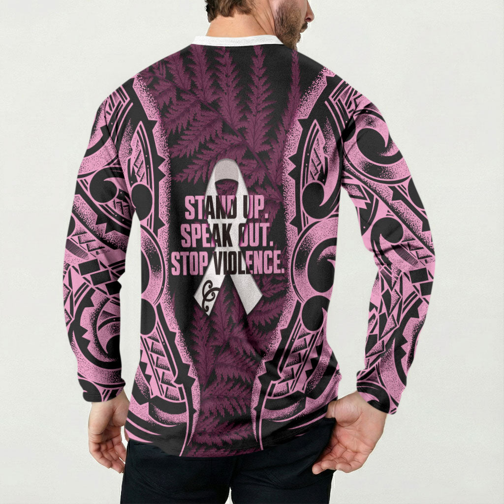 White Ribbon Day New Zealand Button Sweatshirt Respect Women Maori Pattern Pink