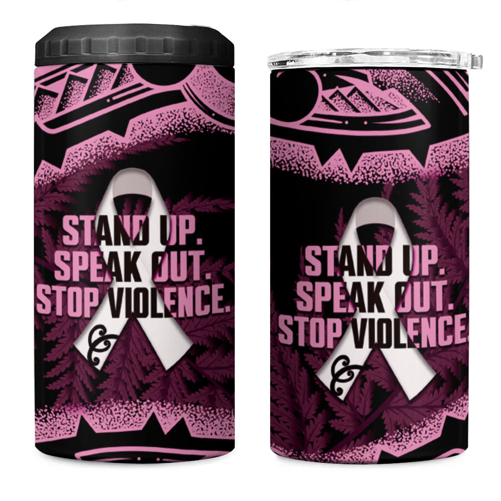 White Ribbon Day New Zealand 4 in 1 Can Cooler Tumbler Respect Women Maori Pattern Pink