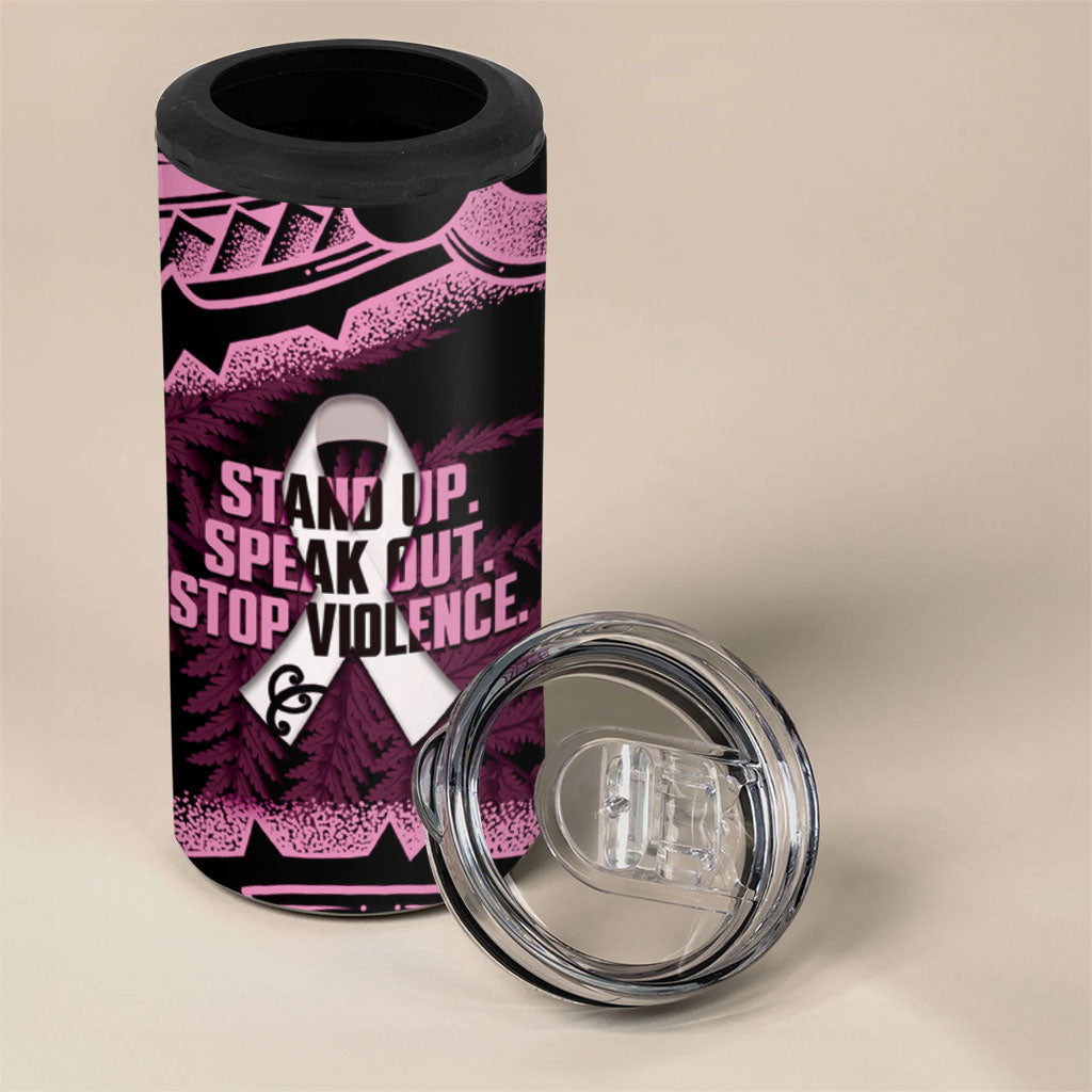 White Ribbon Day New Zealand 4 in 1 Can Cooler Tumbler Respect Women Maori Pattern Pink