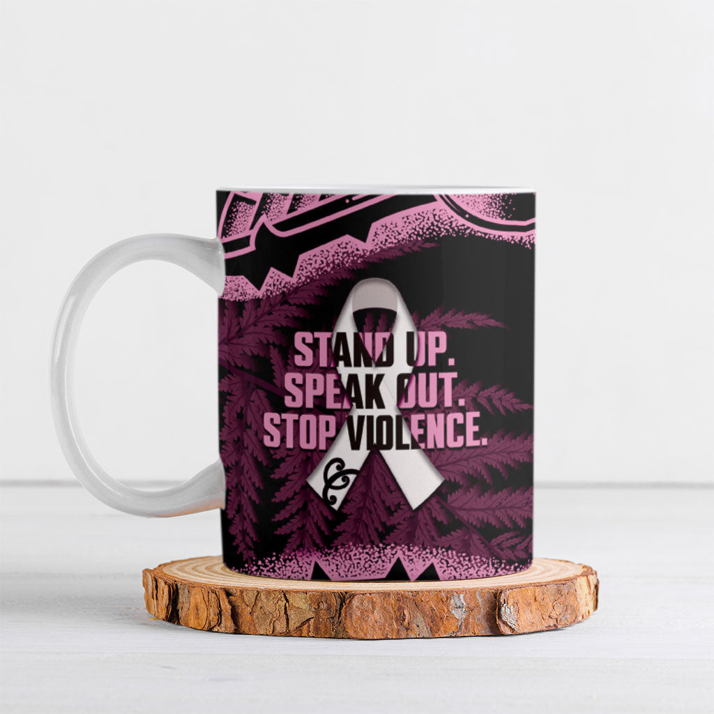White Ribbon Day New Zealand Ceramic Mug Respect Women Maori Pattern Pink