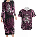 White Ribbon Day New Zealand Couples Matching Long Sleeve Bodycon Dress and Hawaiian Shirt Respect Women Maori Pattern Pink