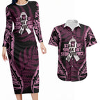 White Ribbon Day New Zealand Couples Matching Long Sleeve Bodycon Dress and Hawaiian Shirt Respect Women Maori Pattern Pink