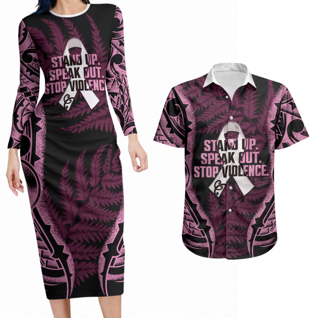 White Ribbon Day New Zealand Couples Matching Long Sleeve Bodycon Dress and Hawaiian Shirt Respect Women Maori Pattern Pink