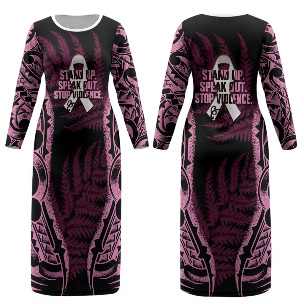 White Ribbon Day New Zealand Couples Matching Long Sleeve Bodycon Dress and Hawaiian Shirt Respect Women Maori Pattern Pink
