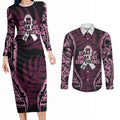 White Ribbon Day New Zealand Couples Matching Long Sleeve Bodycon Dress and Long Sleeve Button Shirt Respect Women Maori Pattern Pink