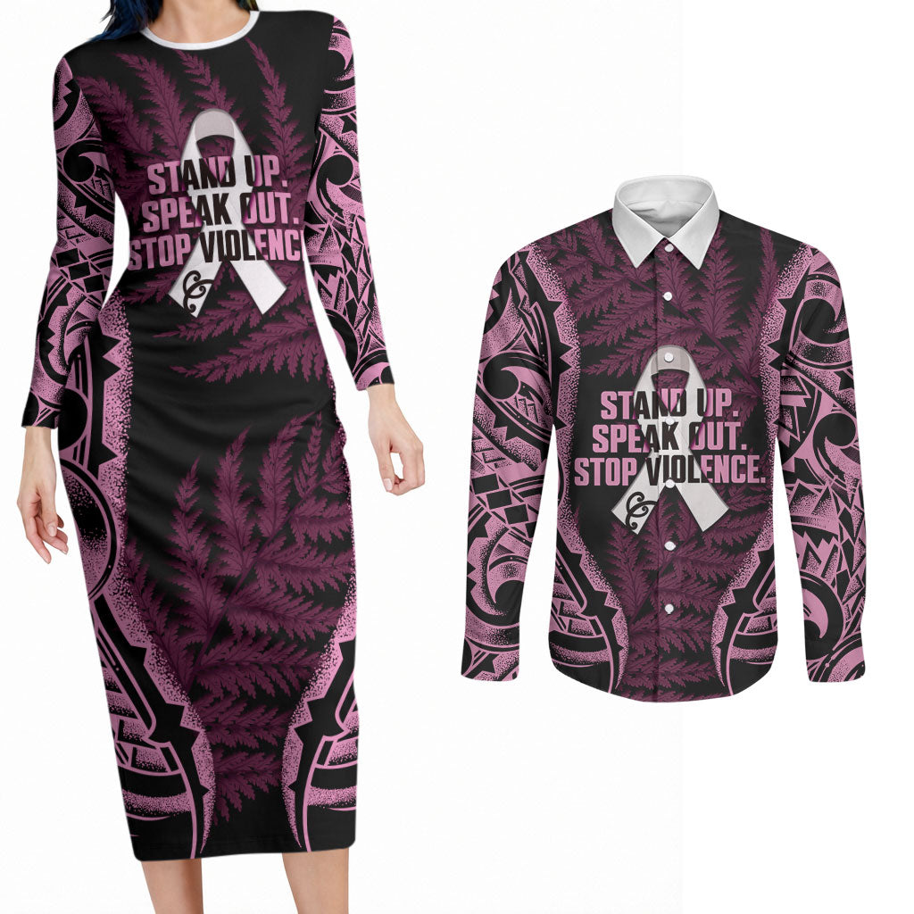 White Ribbon Day New Zealand Couples Matching Long Sleeve Bodycon Dress and Long Sleeve Button Shirt Respect Women Maori Pattern Pink