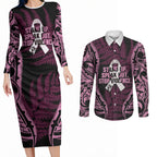 White Ribbon Day New Zealand Couples Matching Long Sleeve Bodycon Dress and Long Sleeve Button Shirt Respect Women Maori Pattern Pink