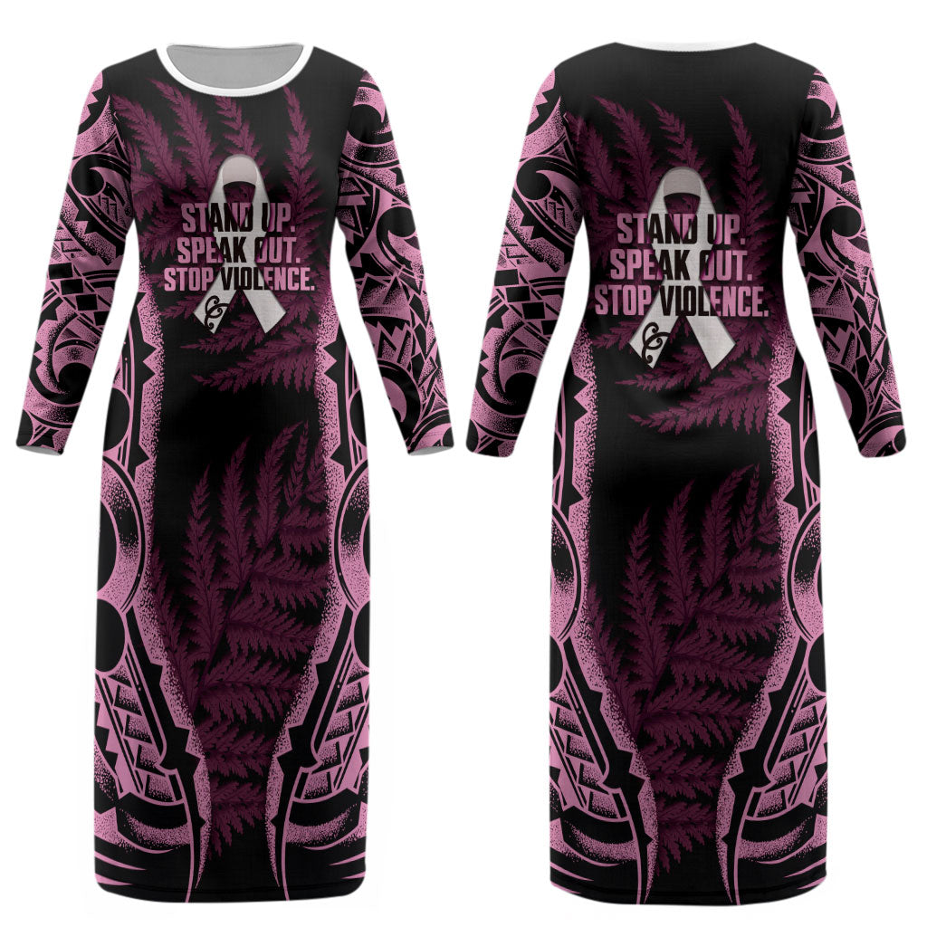 White Ribbon Day New Zealand Couples Matching Long Sleeve Bodycon Dress and Long Sleeve Button Shirt Respect Women Maori Pattern Pink