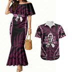 White Ribbon Day New Zealand Couples Matching Mermaid Dress and Hawaiian Shirt Respect Women Maori Pattern Pink