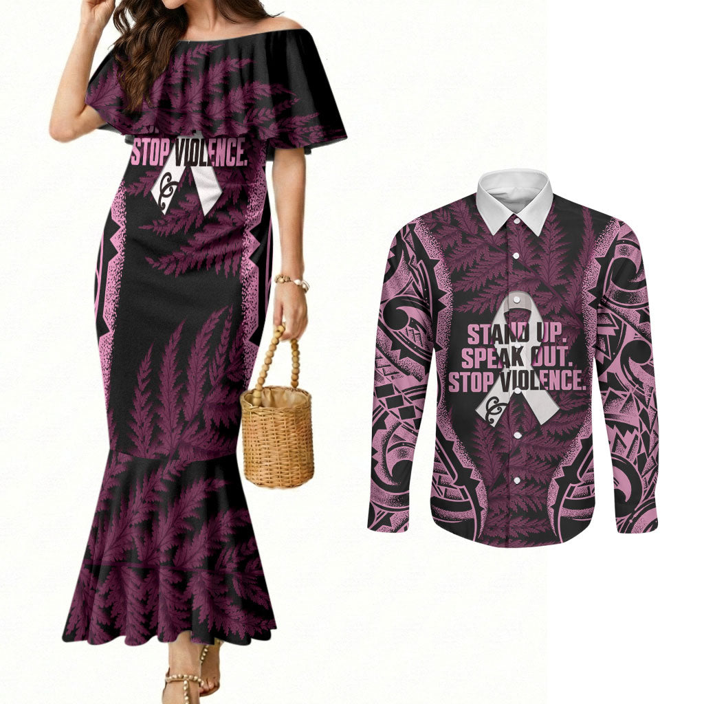 White Ribbon Day New Zealand Couples Matching Mermaid Dress and Long Sleeve Button Shirt Respect Women Maori Pattern Pink