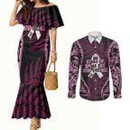 White Ribbon Day New Zealand Couples Matching Mermaid Dress and Long Sleeve Button Shirt Respect Women Maori Pattern Pink
