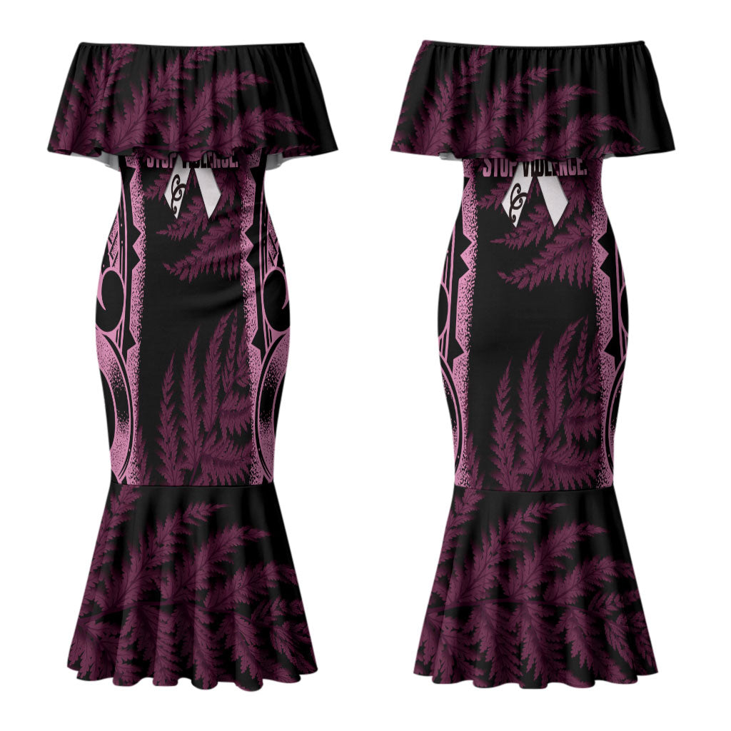 White Ribbon Day New Zealand Couples Matching Mermaid Dress and Long Sleeve Button Shirt Respect Women Maori Pattern Pink