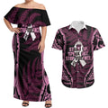 White Ribbon Day New Zealand Couples Matching Off Shoulder Maxi Dress and Hawaiian Shirt Respect Women Maori Pattern Pink