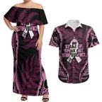 White Ribbon Day New Zealand Couples Matching Off Shoulder Maxi Dress and Hawaiian Shirt Respect Women Maori Pattern Pink