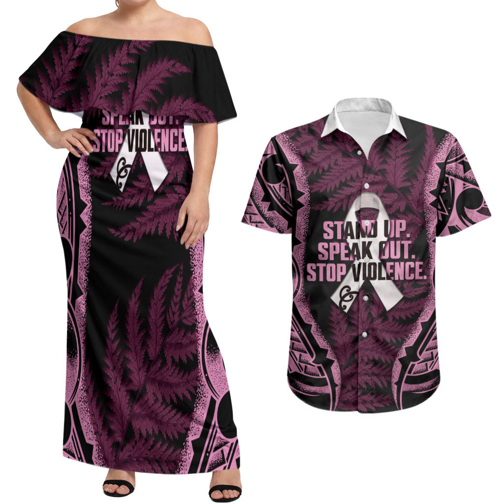 White Ribbon Day New Zealand Couples Matching Off Shoulder Maxi Dress and Hawaiian Shirt Respect Women Maori Pattern Pink