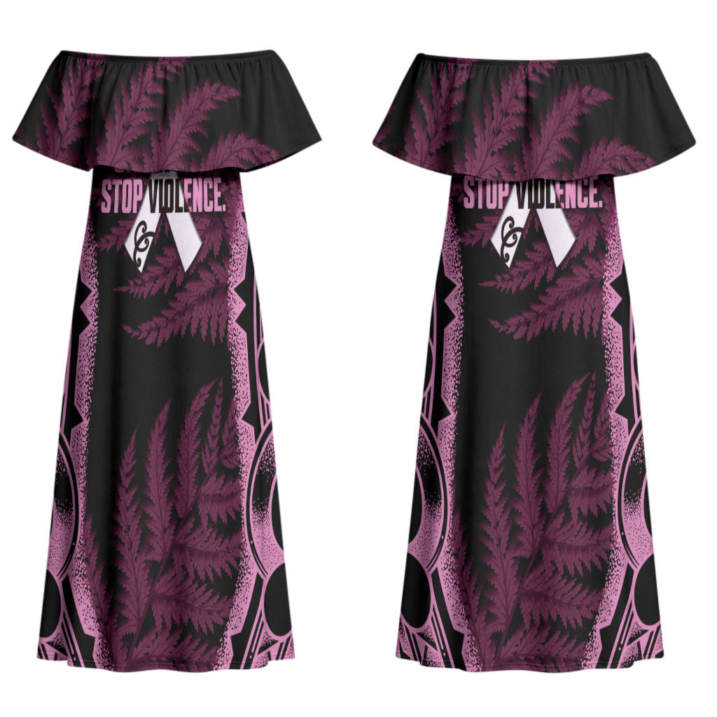 White Ribbon Day New Zealand Couples Matching Off Shoulder Maxi Dress and Hawaiian Shirt Respect Women Maori Pattern Pink