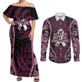 White Ribbon Day New Zealand Couples Matching Off Shoulder Maxi Dress and Long Sleeve Button Shirt Respect Women Maori Pattern Pink