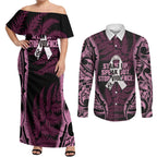White Ribbon Day New Zealand Couples Matching Off Shoulder Maxi Dress and Long Sleeve Button Shirt Respect Women Maori Pattern Pink