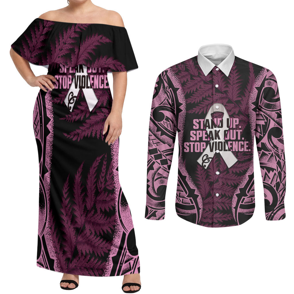 White Ribbon Day New Zealand Couples Matching Off Shoulder Maxi Dress and Long Sleeve Button Shirt Respect Women Maori Pattern Pink