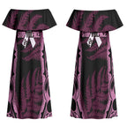 White Ribbon Day New Zealand Couples Matching Off Shoulder Maxi Dress and Long Sleeve Button Shirt Respect Women Maori Pattern Pink