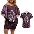 White Ribbon Day New Zealand Couples Matching Off Shoulder Short Dress and Hawaiian Shirt Respect Women Maori Pattern Pink